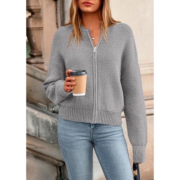 Women's Cropped Cardigan Sweaters Fall Open Front Long Sleeve Ribbed Knit Zipper - Picture 7 of 8